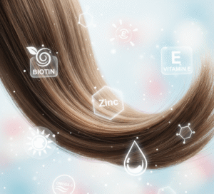 A close-up image of healthy, shiny hair with digital icons highlighting which vitamins for hair growth are important, including Biotin, Zinc, Vitamin E, and Omega-3, set against a soft, blurred background.
