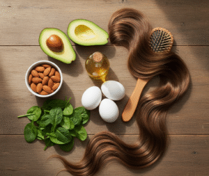 A selection of nutrient-rich foods known to support hair growth—avocado, almonds, eggs, spinach, and a bottle of oil—are arranged on a wooden surface alongside a hairbrush and long, healthy hair, visually representing the importance of vitamins and argan oil for all hair problems and promoting natural hair health.