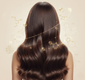 A woman with long, healthy, shiny hair is shown from the back, surrounded by golden molecular structures and key phrases like "Vitamin E" and "Biotin," visually representing the benefits of vitamins and argan oil for hair growth and hair health. The image highlights the concept of using argan oil for all hair problems, emphasizing smooth, vibrant hair as the result.