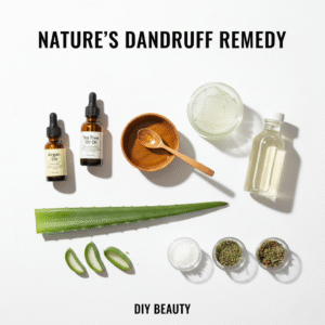 Natural ingredients for how to remove dandruff from hair at home, featuring argan oil, tea tree oil, aloe vera, and DIY beauty remedies.