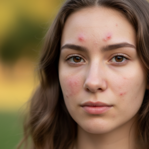 The image shows a close-up portrait of a young woman with visible acne on her forehead and cheeks, highlighting the importance of skincare. Proper skincare helps maintain clear skin and addresses issues like acne, which can affect self-esteem and overall skin health. The background is softly blurred, suggesting an outdoor environment.