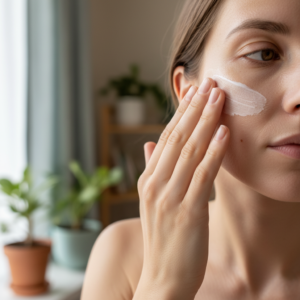 The image shows a young woman applying skincare cream to her cheek, highlighting the importance of skincare in maintaining healthy, nourished skin. Proper skincare routines can prevent dryness, breakouts, and other skin concerns, contributing to overall skin health and a clear complexion. The background features soft indoor lighting and plants, emphasizing a peaceful, self-care environment.