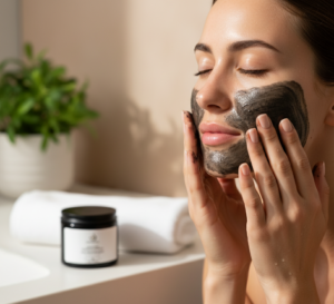 Woman applying a black detox face mask from one of the top 10 skincare brands, with a natural skincare product jar placed beside a white towel in a bright bathroom.